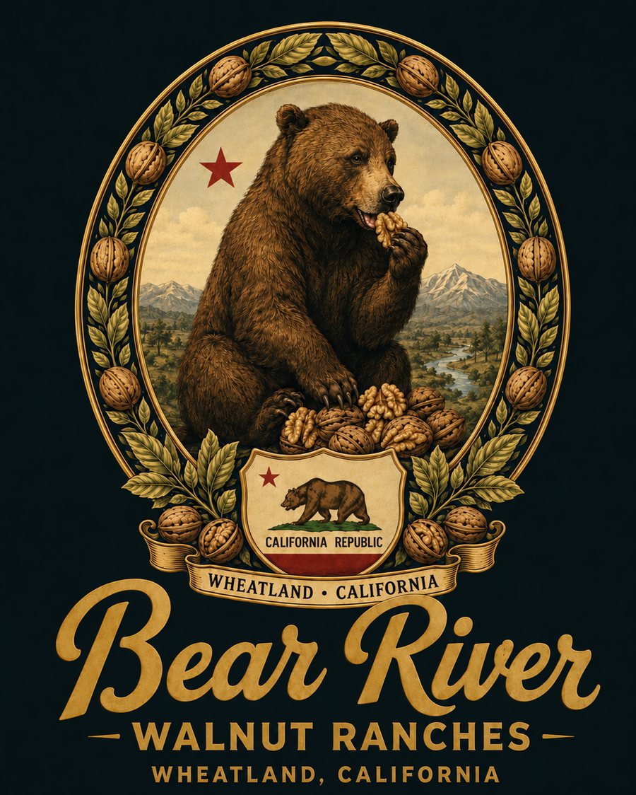 Bear River Walnut Ranches, Wheatland, California: a grizzly bear eating walnuts inside a walnut wreath